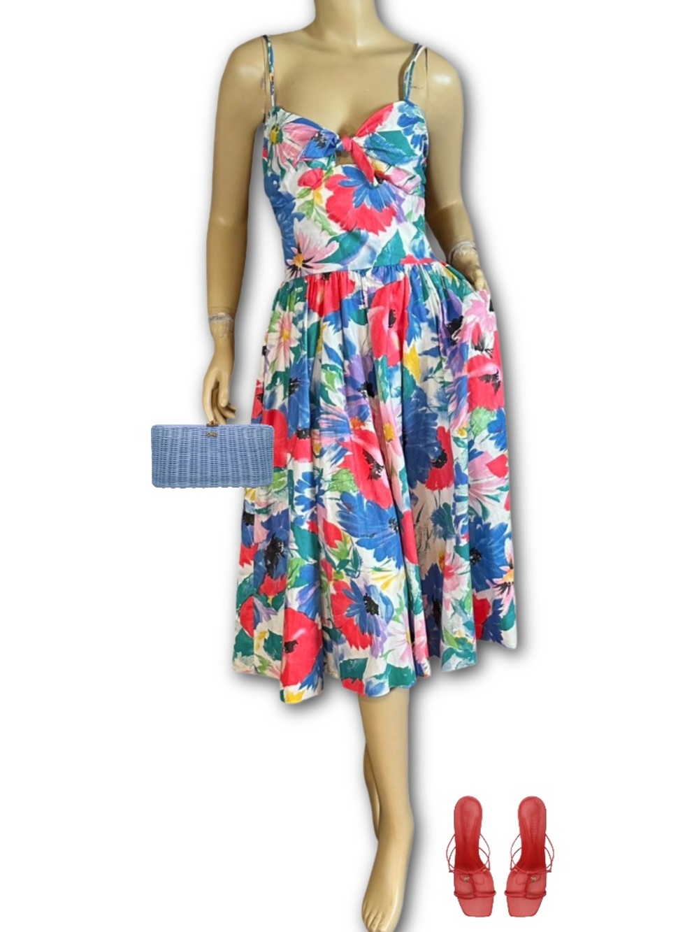 VINTAGE 1980'S HOT LINE COTTON SPAGHETTI STRAP FLORAL PRINT DRESS (8)
